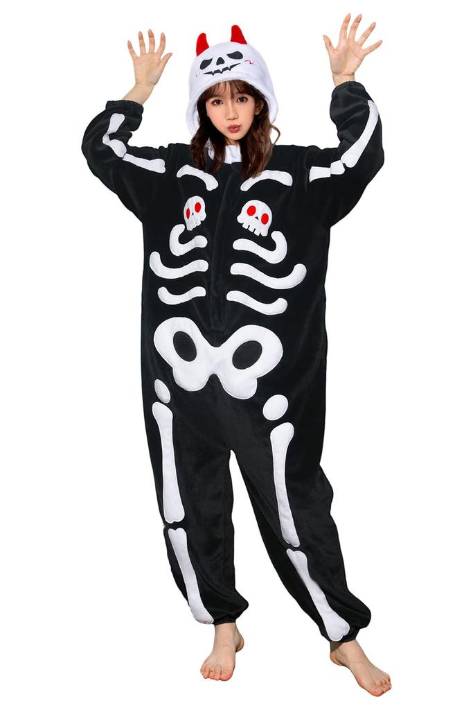 OLAOLA Halloween Skeleton Kigurumi Halloween Costume for Warm and Fluffy Animal Costume for Parties and Cold Weather Protection Pajamas, Adults, (Size