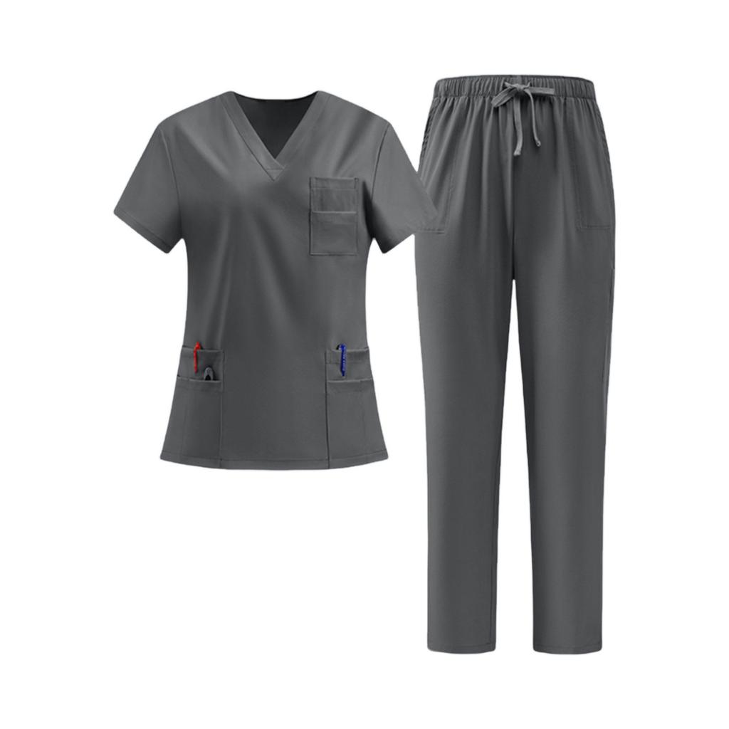 Women's Uniform Quick Dry V-Neck Short Sleeve Top with Pockets and Pants Set Scrub Uniform