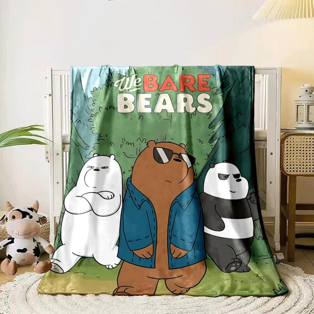 Three cartoon bears with distinct expressions walking in a forest. for all seasons blanket lunch break throw gift 80cm x 120cm
