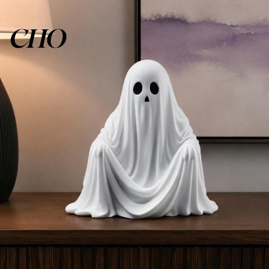 Outdoor Fall Patio Ornaments Spooky Halloween Figurine, Resin Scary Ghost Pumpkin Tabletop Decoration Autumn Table Centerpieces for Tiered Tray,
