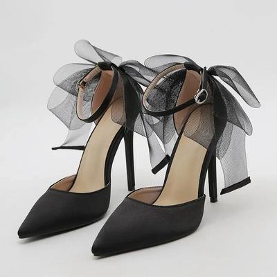 Eiyken Sexy Spitze Zehen Sandalen Schnallen Riemen Bedeckter Absatz Damen Frühling Sommer Netz Schmetterlingsknoten Bankett Hochzeit Pumps Schuhe