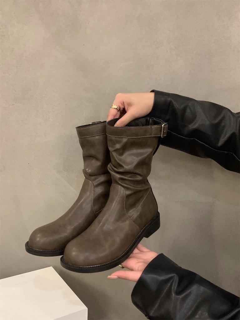 Height-increasing thick heel retro medium boots knight boots women's 2025 new single boots stacked small short boots autumn and winter Martin boots