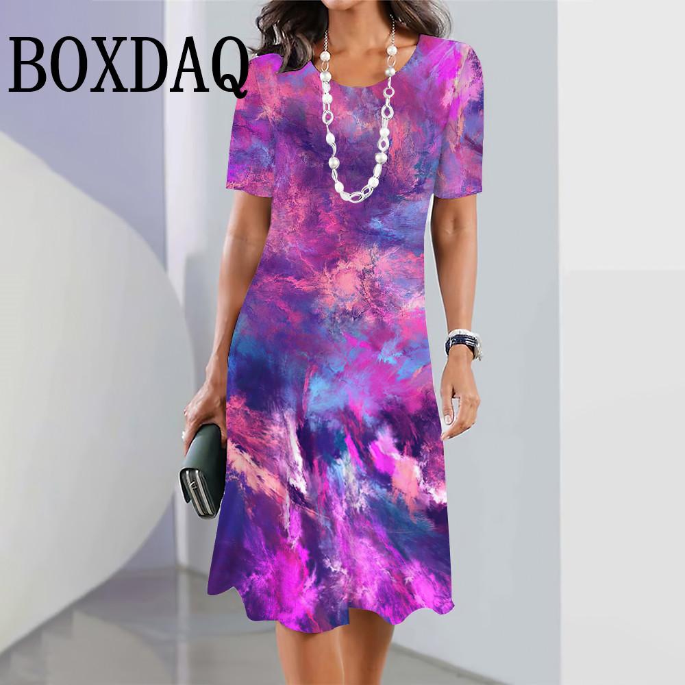 Colorful Tie Dye Gradient Summer Dress Women's Short Sleeve Round Neck Clothes Daily Casual Fashion Loose Mini A-Line Dress