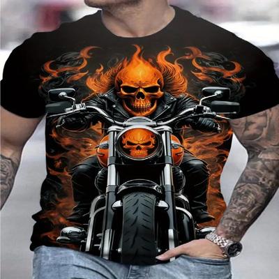 Riding Skeleton Motorcycle Pattern Digital Printed T-shirt Halloween Men's Casual Round Neck Short Sleeve Top Fashion Polyester Fiber Composition