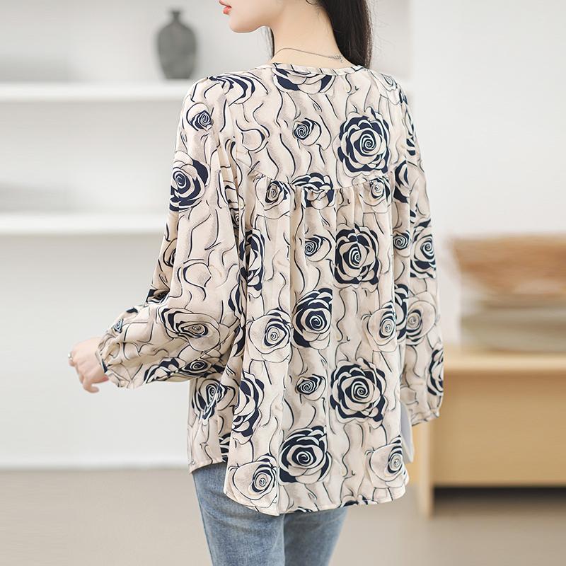 Temperament Round Neck Elegant Casual Shirts Women Tops Spring Long Sleeve Print Floral Loose Blouse Women Vintage Button Up Office Ladies Shirt 26328