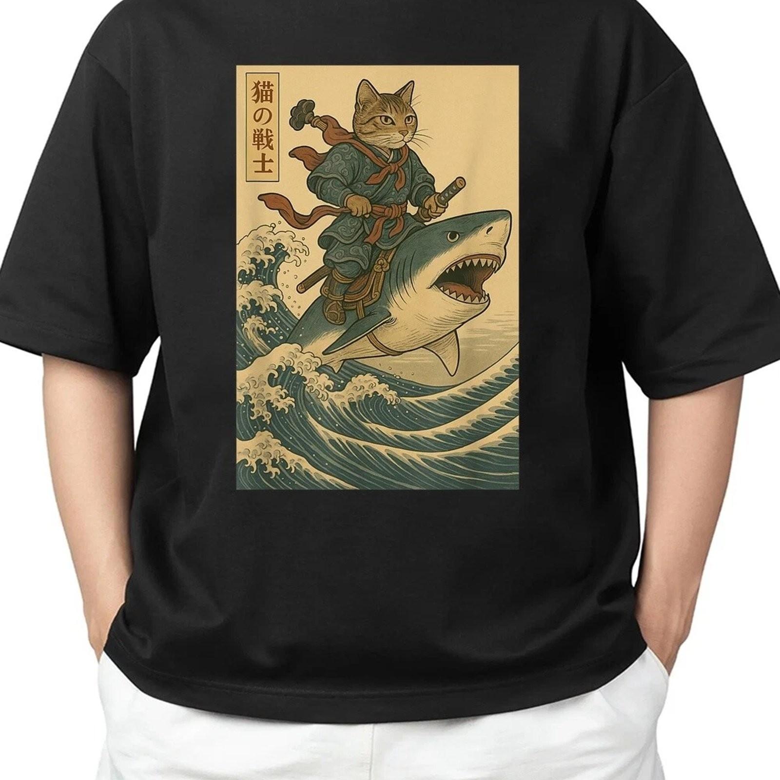 Funny Samurai Cat Riding Shark Graphic Tee Unisex T-Shirt Cool Gift Idea XL
