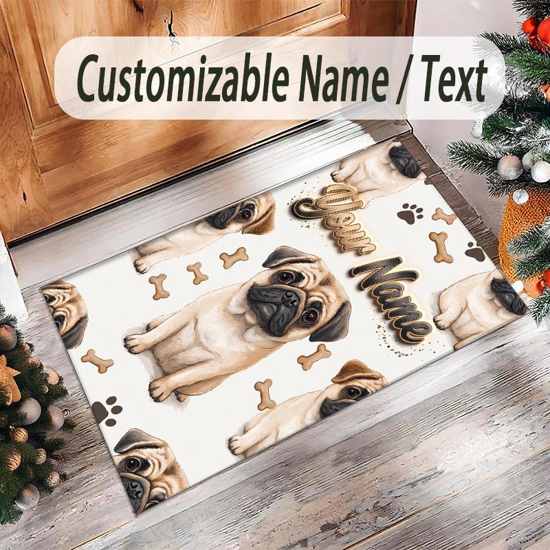 Pug Theme Crystal Velvet Floor Rug Personalized Custom Name Text Warm Carpet Home Decoration
