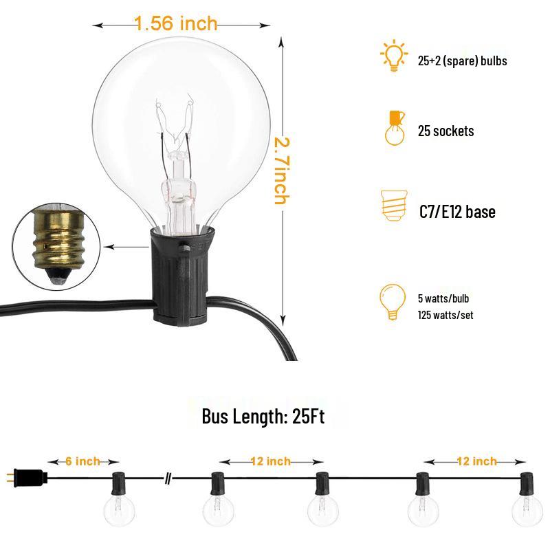 G40 Tungsten Filament String Lights, Plug-in 110V/220V, Ideal for Wedding and Courtyard Decoration, Indoor Hanging Atmosphere Lighting.