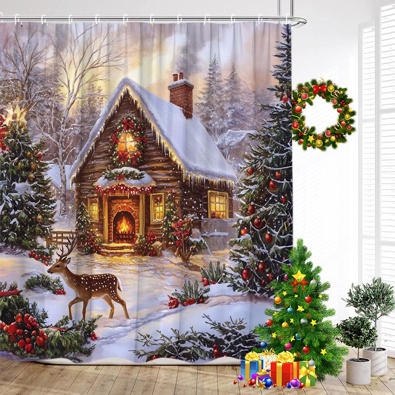 Cute Blue Snowman Shower Curtains Winter Forest Cedar Snow Mountain New Year Christmas Home Bathroom Curtain Decor With Hooks