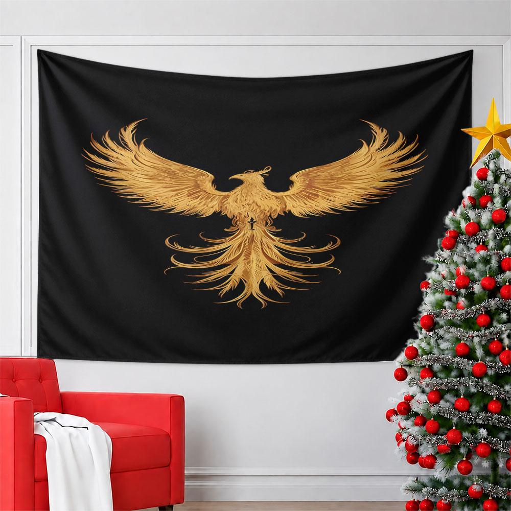 Golden Phoenix on Black Background Pattern Wall Hanging Tapestry Decorative Tapestry Home Decor for Bedroom and Living Room