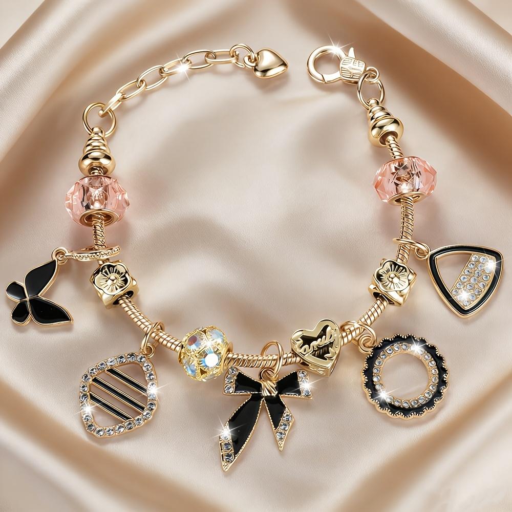 Light luxury stainless steel adjustable bracelet with varied cute pendants, hollow heart and flower details for women. 1PC