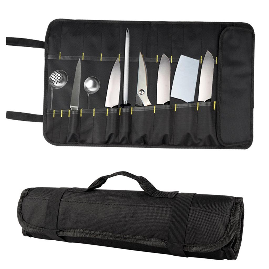 Chef Tool Roll Bag Oxford Cloth Portable Fork Tool Case Holder Pouch with Handle for Culinary Traveling Black