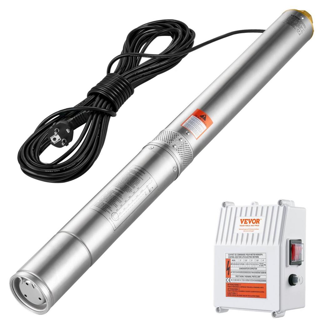 Bomba Sumergible para Pozos Profundos 1500W de Potencia 9.8 m³/h Caudal Máximo 108m Altura Máxima Bomba de Agua de Acero Inoxidable IP68 Impermeable con Caja de Control Externa para