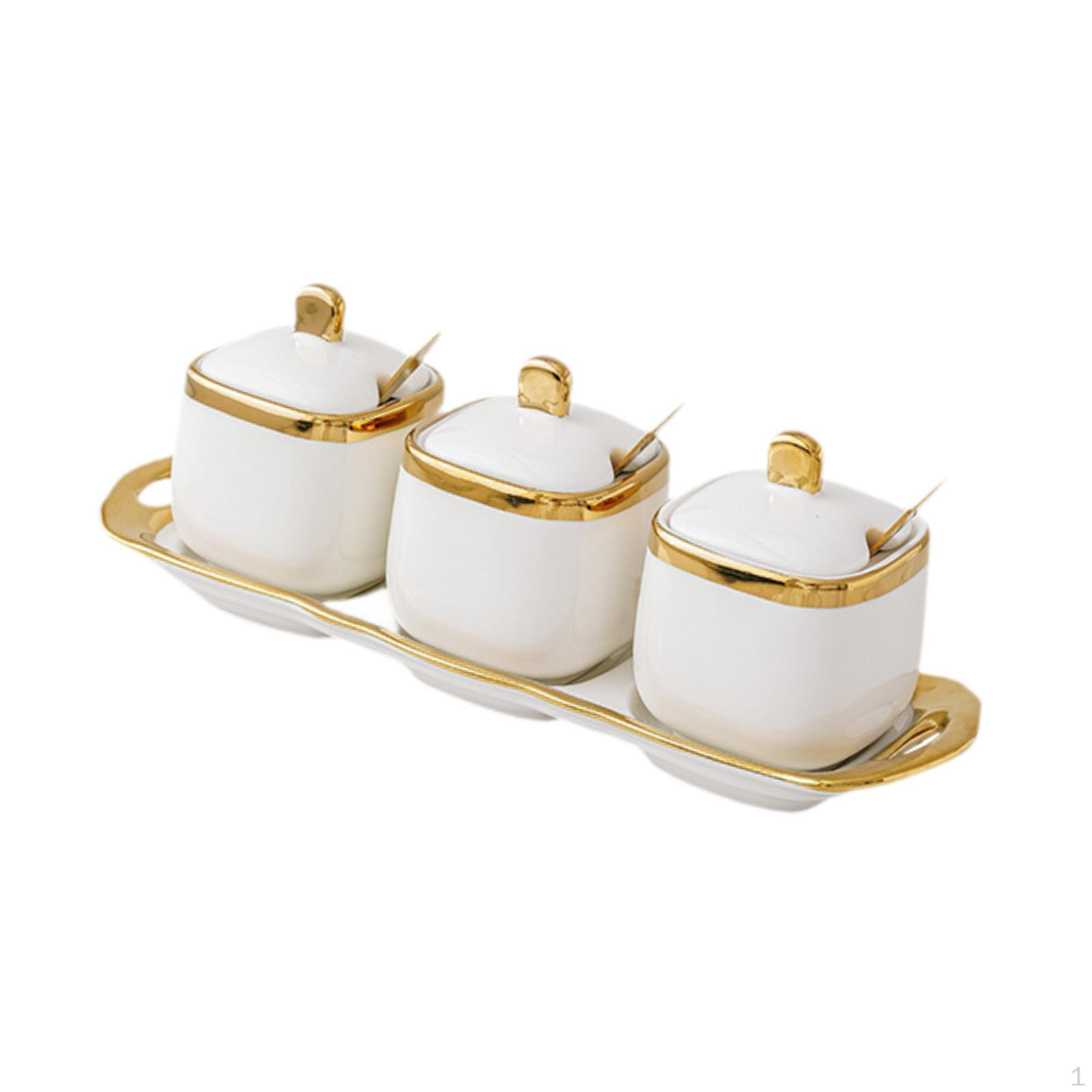

Керамические банки для специй, контейнер для приправ, элегантный с крышкой, ложка, маленькая сахарница, пыленепроницаемая для кухни золотой