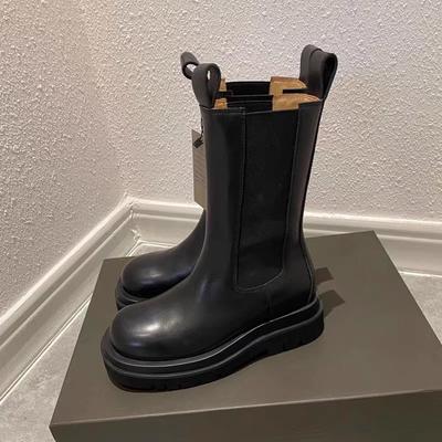 Cowhide with Artifact Fashionable Very European and American Version Elastic Platform Chelsea Medium Boots Women's Autumn Martin Boots Bare Boots