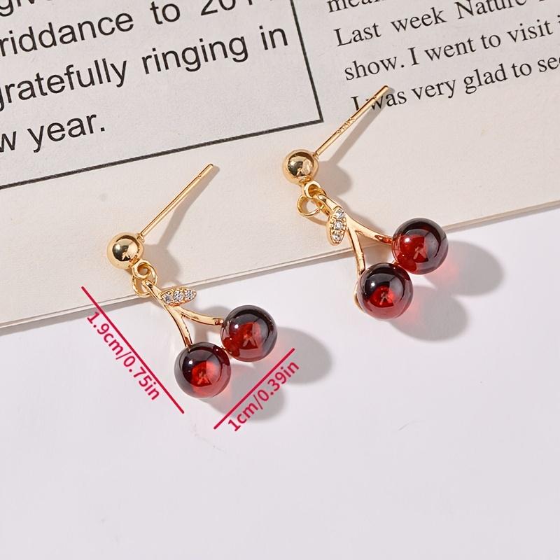 Ladies' Golden Cherry Earrings, Embellished with Red Beads, Simple Style Sweet and Fresh Design, Cute Cherry Shaped Accessories.