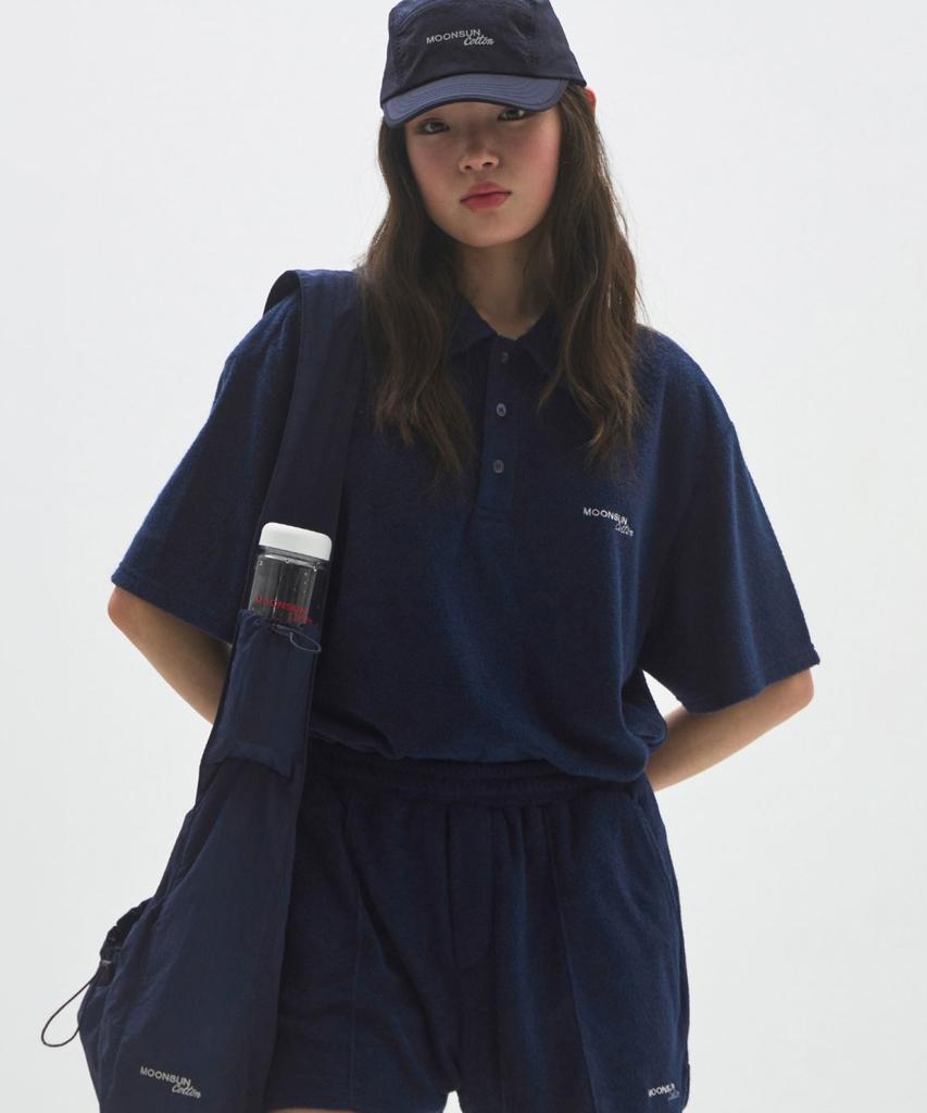 MOONSUN M.C Unisex, Logo Terry Polo Shirt / Navy