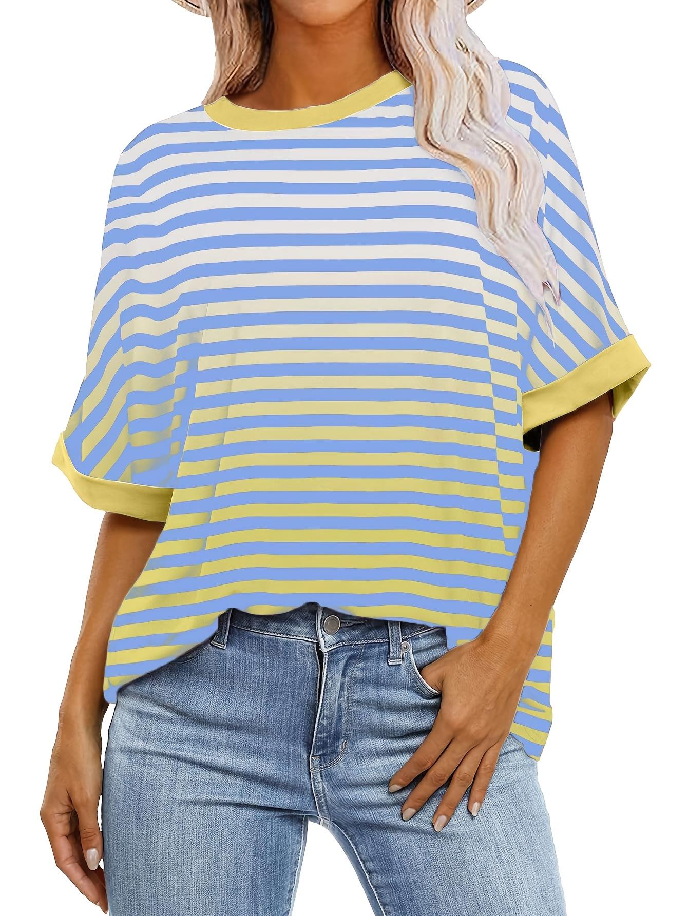 

Women s fashionable and elegant large top loose casual basic round neck striped short-sleeved T-shirt XXS