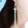 Women Rhinestone Bell Cross Pendant Wedding Party Long Tassels Linear Earrings AVE