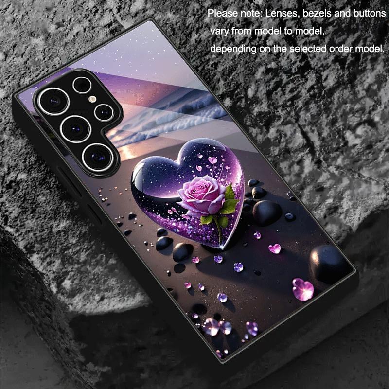 Heart Crystal Rose Sea Pattern Tempered Glass Phone Case For iPhone 17 16 15 14 13 12 11 Pro Max 17 Air 7 8 Plus XR XS X Cover