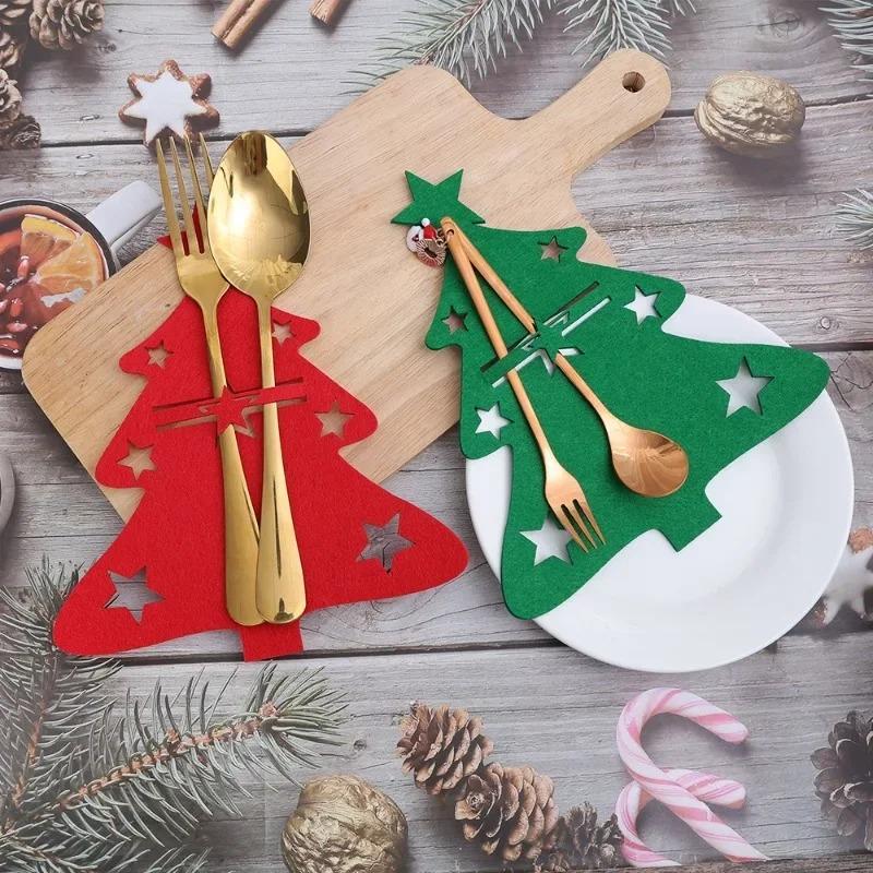 20/2pcs Christmas Cutlery Holders Xmas Tree Shaped Knife Fork Spoon Holder Bags Tableware Pockets Organizer Bag Party Home Decor