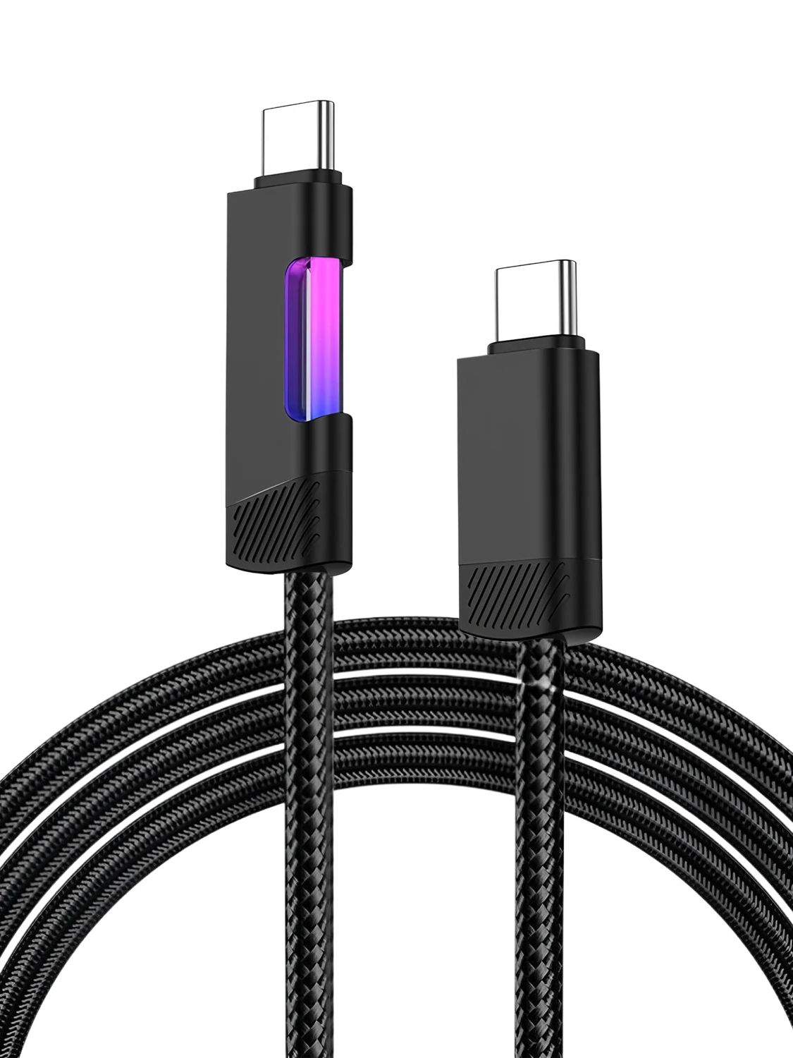 

240 Вт 6 А RGB Быстрая зарядка USB Type-C Кабель - Светодиодная подсветка Окружающего освещения Нейлоновая оплетка Кабель для передачи данных для телефона Быстрая зарядка 1m чёрный