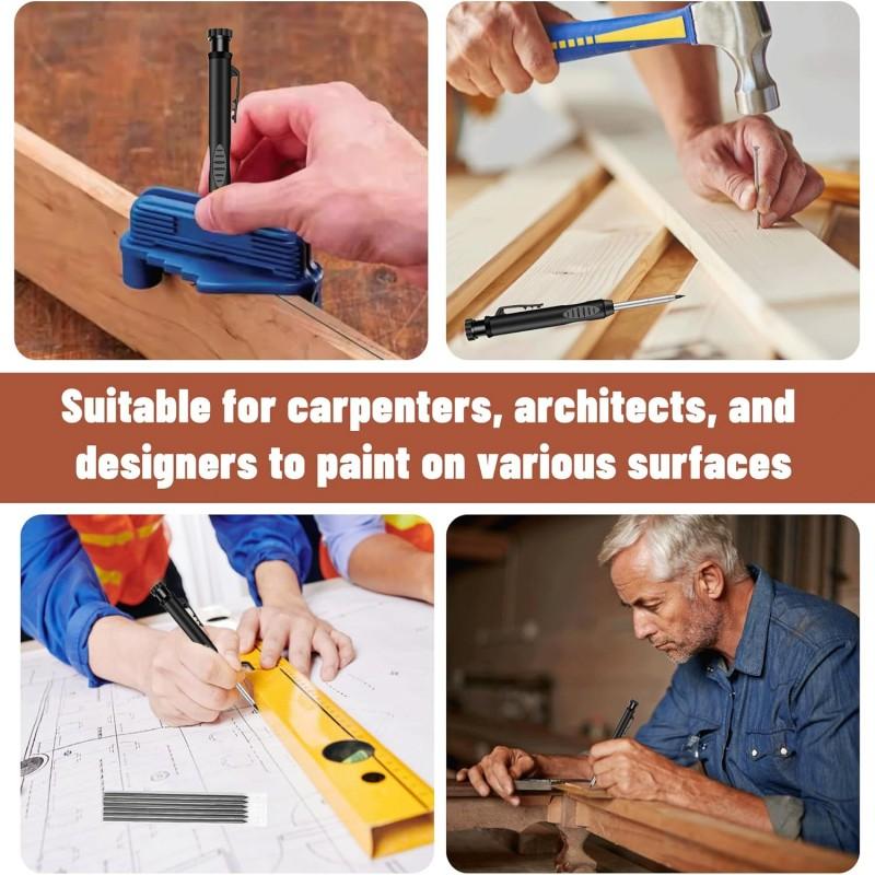 Solid Carpenter Pencil Set with Built-In Sharpener Deep Hole Marking Tool Automatic Pencil Drawing Lead Core for Precision Work