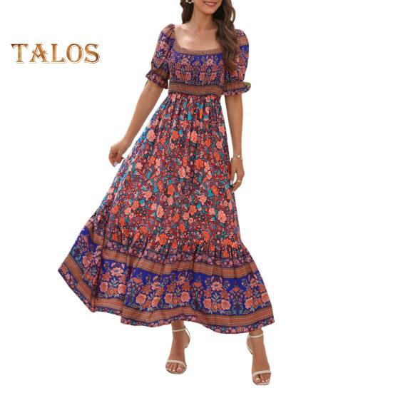 

Женское платье макси в стиле бохо, летнее повседневное платье с цветочным принтом, струящиеся платья-фонарики с коротким рукавом и квадратным вырезом, платье миди для пляжной вечеринки и свадьбы S красный