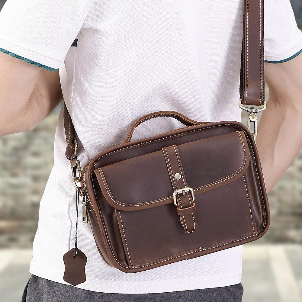 New Genuine Leather Men's Messenger Bag, Crazy Horse Leather Men's Head Cover Layer Cowhide Shoulder Crossbody Bag, Casual Handbag