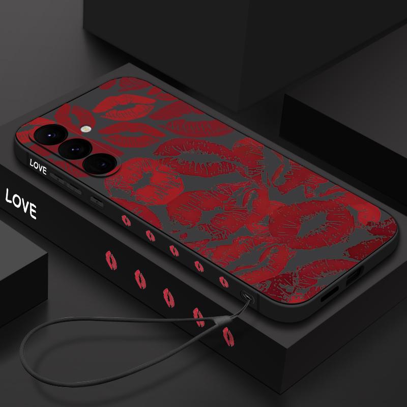 Red Lips Lanyard Phone Case For Samsung Galaxy A55 A53 A54 A35 A15 A16 A25 A36 5G S25 S23 S24 Ultra S22 Plus S24 FE Soft Cover
