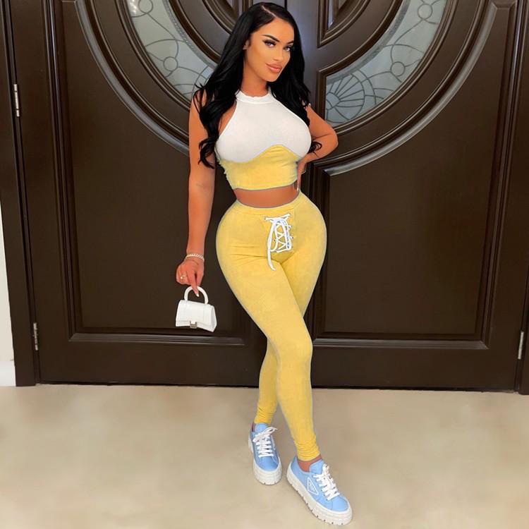 Women's European & American Sexy Ribbed Two-Piece Set: Round Neck Vest & Tie Pencil Pants