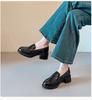 Versatile British Style Cowhide Mid-Heel Loafers - Retro Round Toe Slip-On Women's Shoes with 5cm Chunky Heel