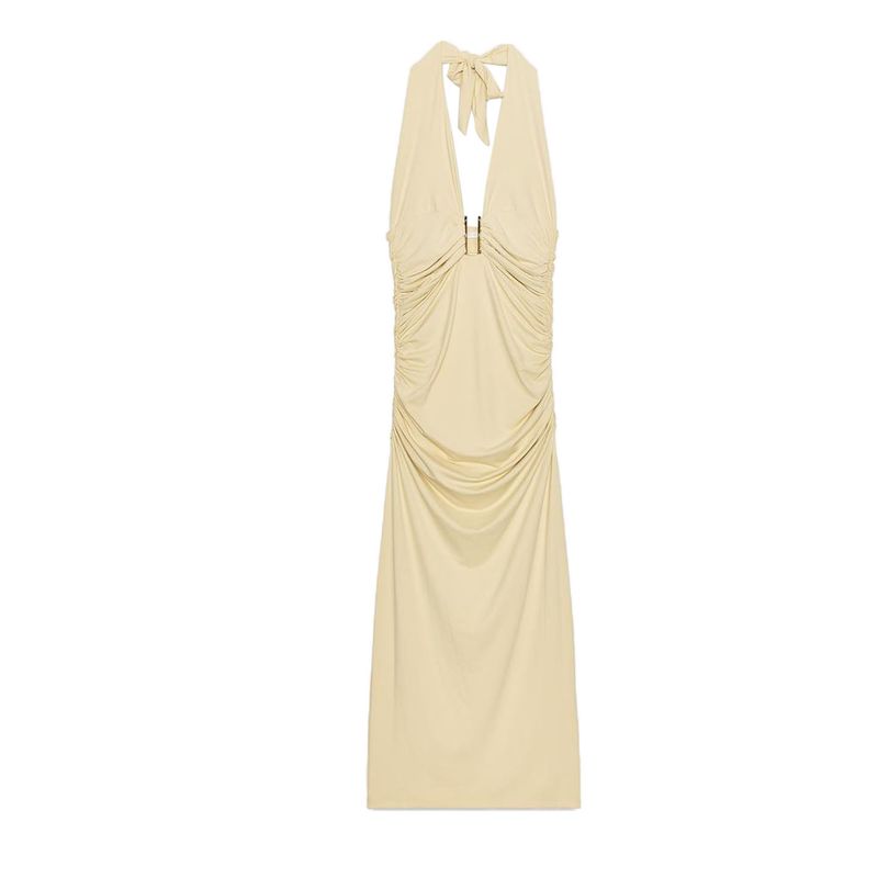 Summer Women's Clothing Bows Lace Pleated Decorative Nylon Hanging Collar Sleeveless Elegant Dress 1026148