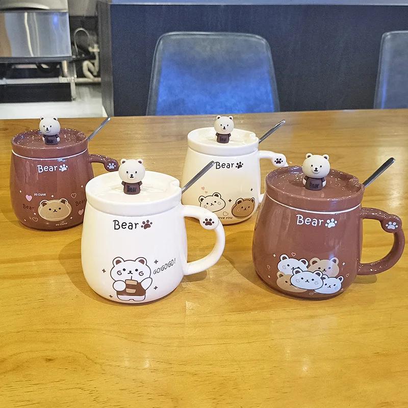 Kreative Keramiktasse mit Bär, Niedliche Cartoon-Kaffeetassen mit Deckel und Löffel, Frühstücks-Milchgetränkebecher, Wasserbecher für Paare, Bürotassen-Set