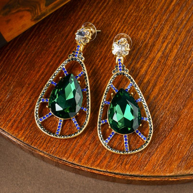 Premium Exaggerated Malachite Green Rhinestone Mixed Color Diamond Hollow Water Drop Stud Earrings