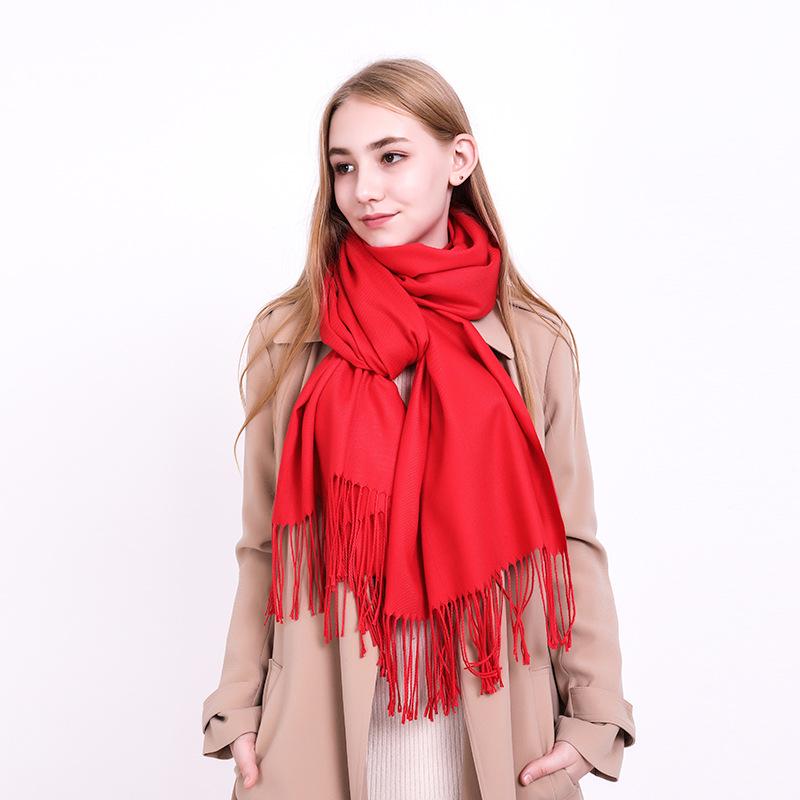 Women's High-End Korean Style Tassel Scarf - Imitation Cashmere, Solid Color, Thickened Neck Warmer Shawl for Autumn and Winter.