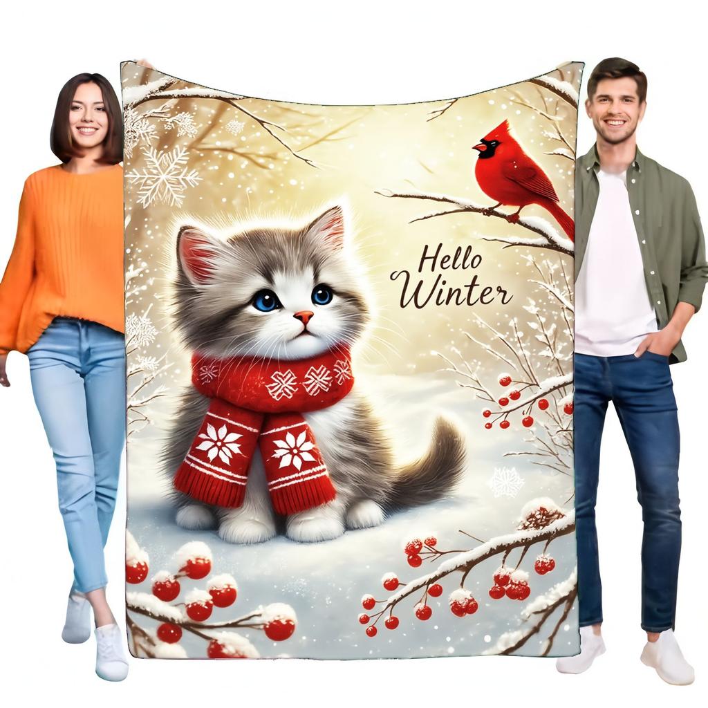 Cozy Winter Cat Blanket Soft Plush Throw Cute Kitten Design for Home Decor, Warm Soft Couch Bed Blanket, Perfect Holiday Gift fo