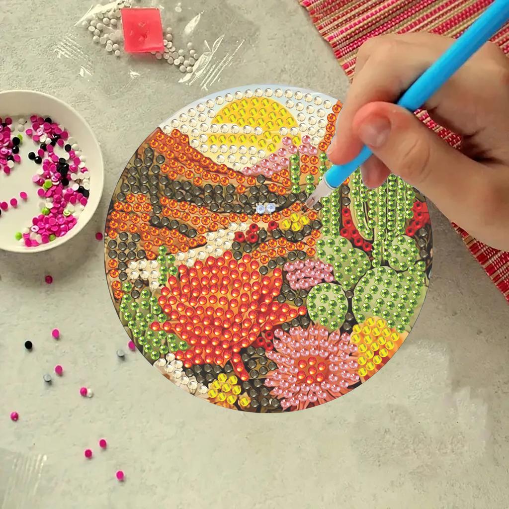 8 Pieces/set of Diamond Painted Cactus Patterned Coasters, DIY Coasters with Holder, Suitable for Beginners and Adults, Art and Craft Supplies Gifts