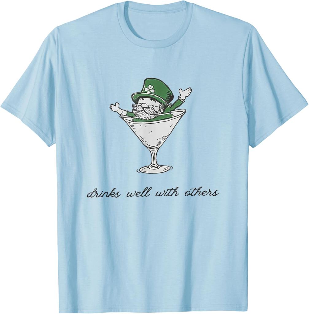 Leprechaun Martini Drinks Well With Others St Patrick's Day Graphic Tee Casual Cotton T-Shirt