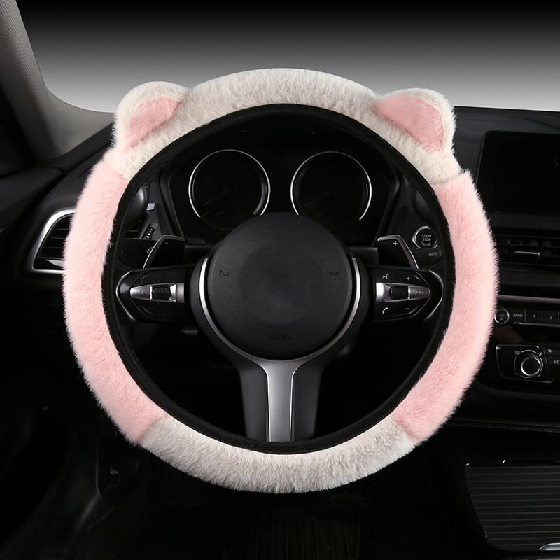 

Cute Cat Ear Fuzzy Steering Wheel Cover - Pink & White Fluffy Car Steering Wheel Protector for Winter Warmth