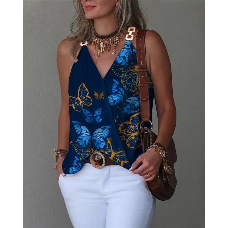 Simple V-neck Metal Buckle Printed Vest Top Women