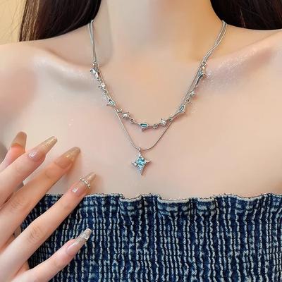Double-layer Blue Tetragonal Zircon Necklace Women's Summer Niche Design Accessories Fashion Temperament Collarbone Chain