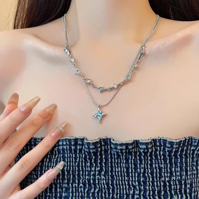 Double-layer blue tetragonal zircon necklace women's summer niche design accessories fashion temperament collarbone chain