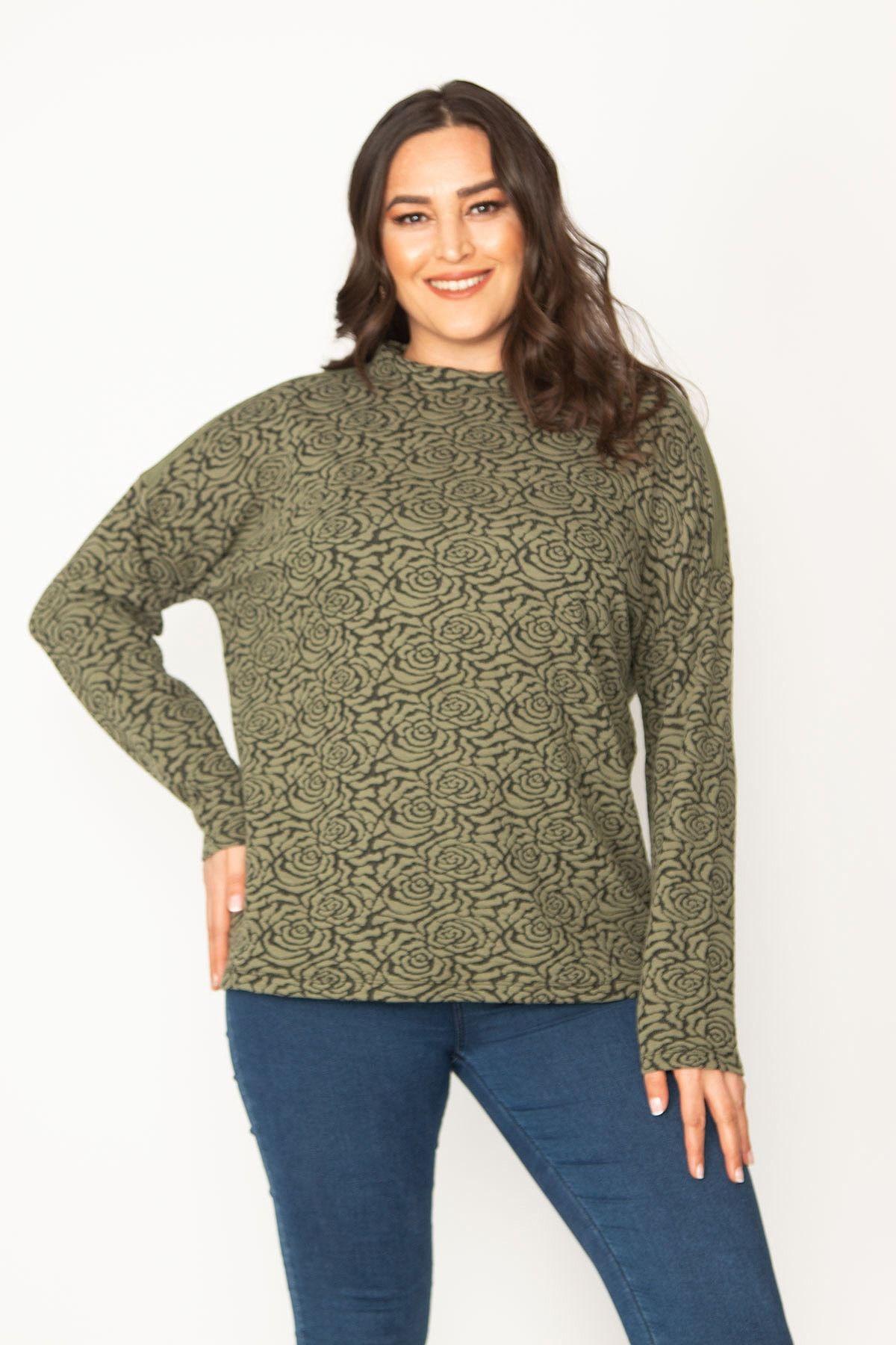 

Women s Style Plus Size Tunic Big Size Khaki Jacquard Patterned Crew Neck Long Sleeve Tunic 3XL/4XL
