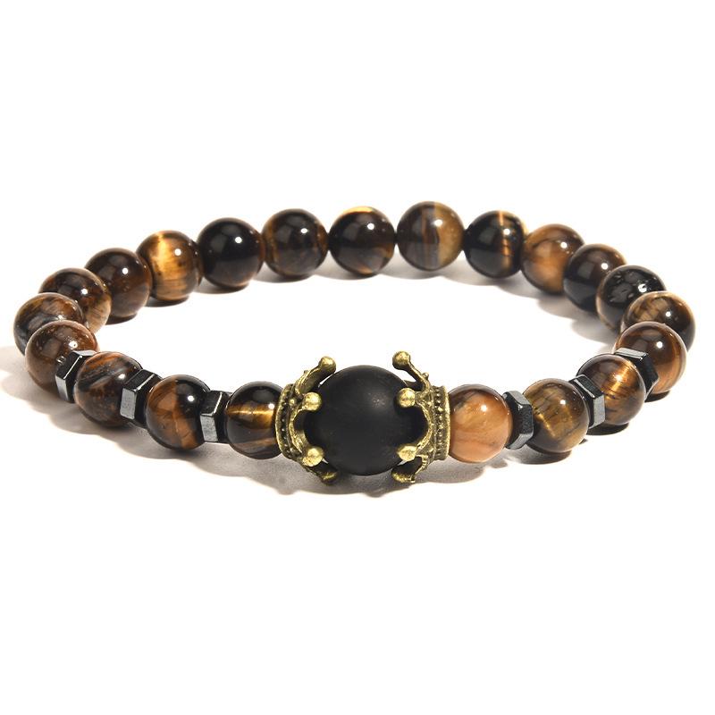 Men's Frosted Tiger Eye Stone Crown Bracelet – Fashionable European & American Beaded Jewelry
