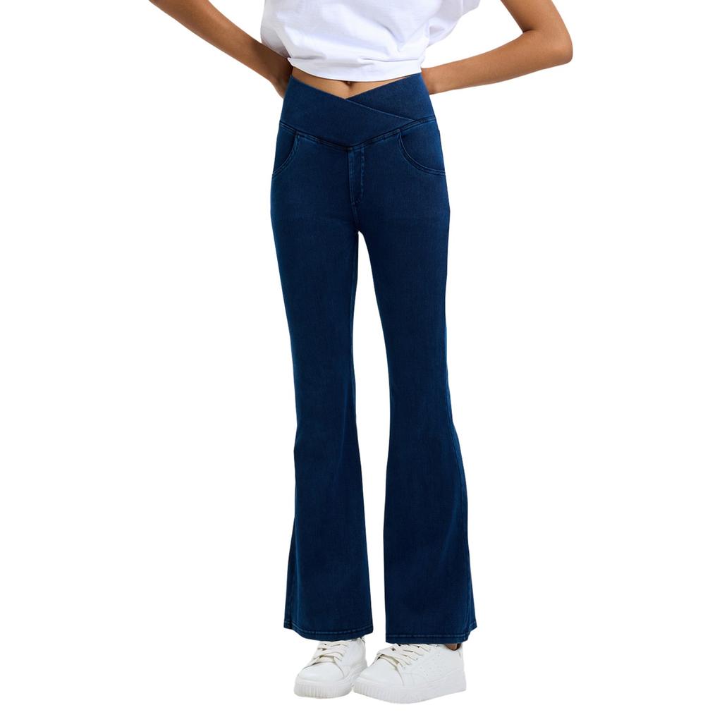 Women's Faux Denim Sports Yoga Pants High Waisted Tummy Tucking Hip Lifting Outfit Fitness Casual Pants