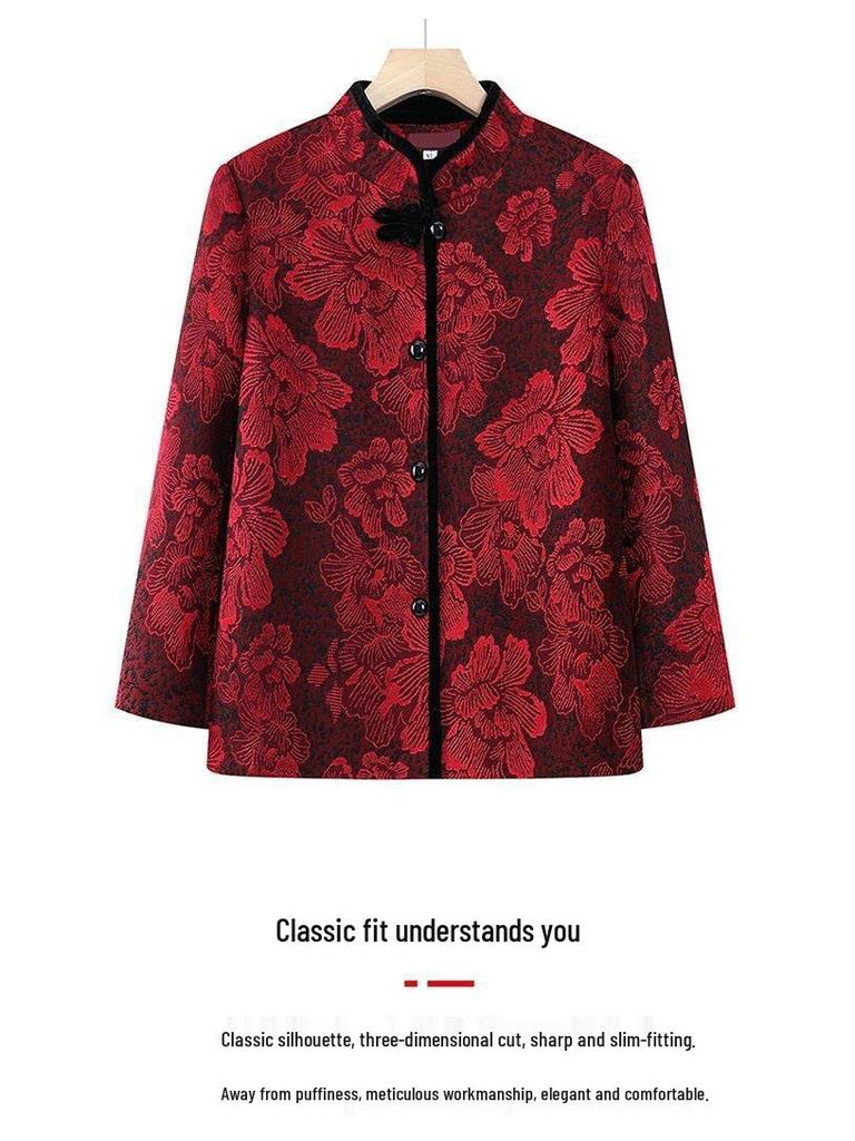Schlankmachendes Woll-Oberteil im chinesischen Stil für ältere Menschen mit Jacquard-Blumen und Stehkragen