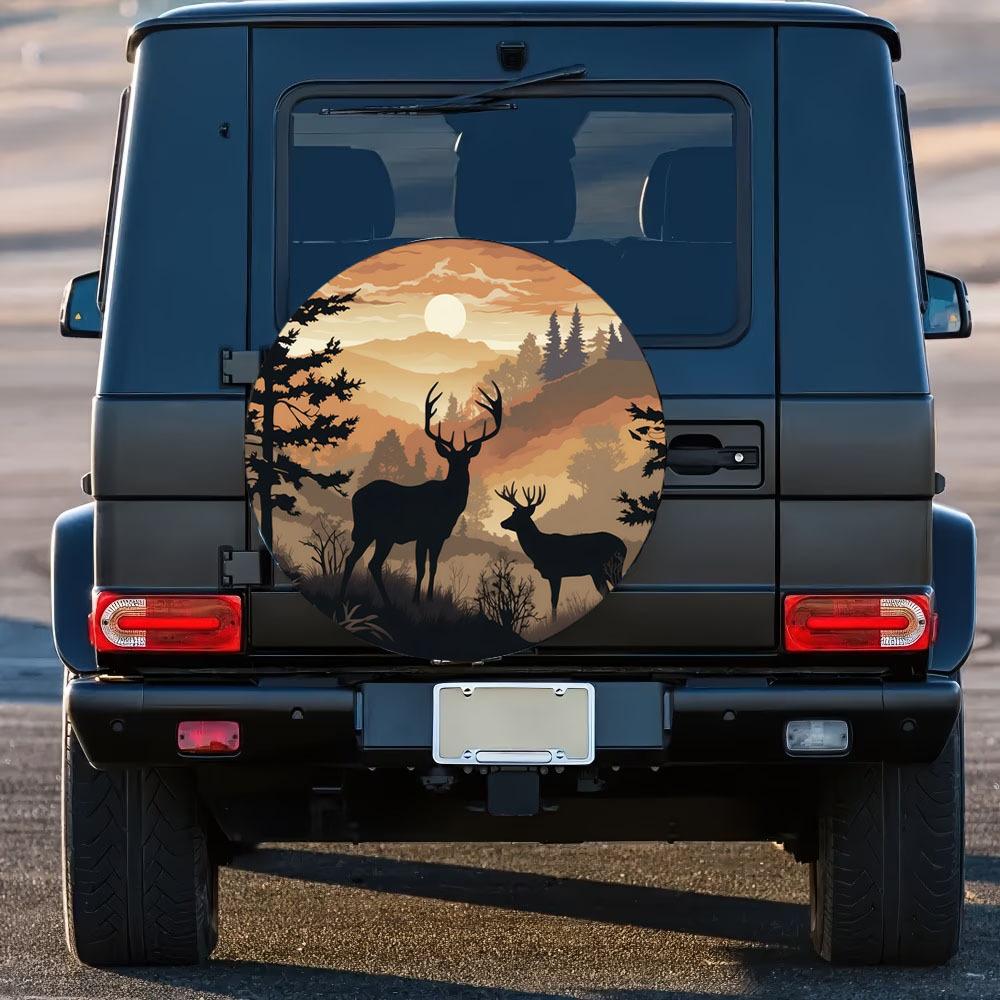 Twilight Forest Deer Herd Pattern 30/34-inch Multi-functional Spare Tire Cover, Suitable For Jeeps, Trailers, RVs, Off-Road Vehi