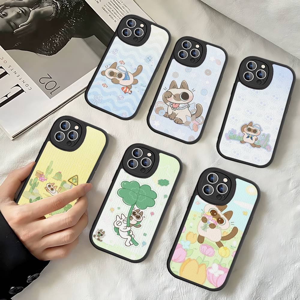 Cartoon Siamesische Katze Paar Handyhülle für iPhone 16 15 14 11 12 13 Pro Max Plus Rückseite Lederhülle