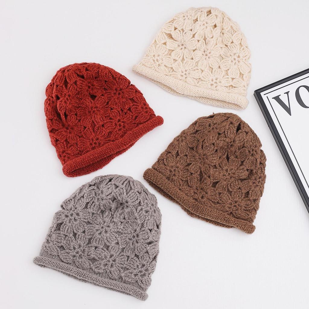 Handmade Double-Layer Crochet Wool Beanie with Roll-Up Brim for Women